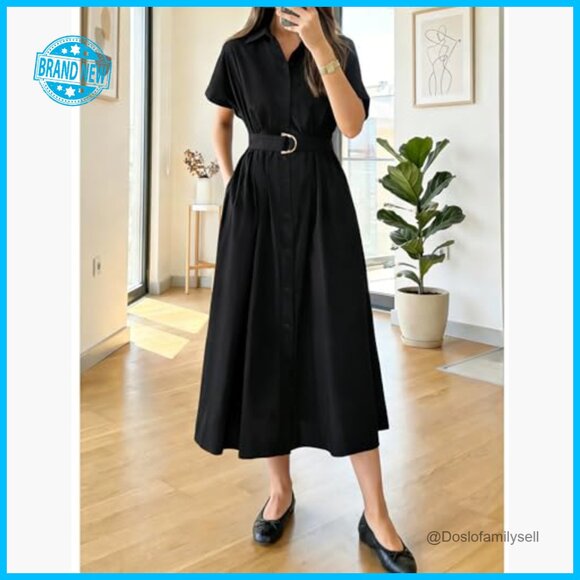 Classic A-Line Midi Dress Elegant Business Casual Chic Summer Cotton - Picture 2 of 7